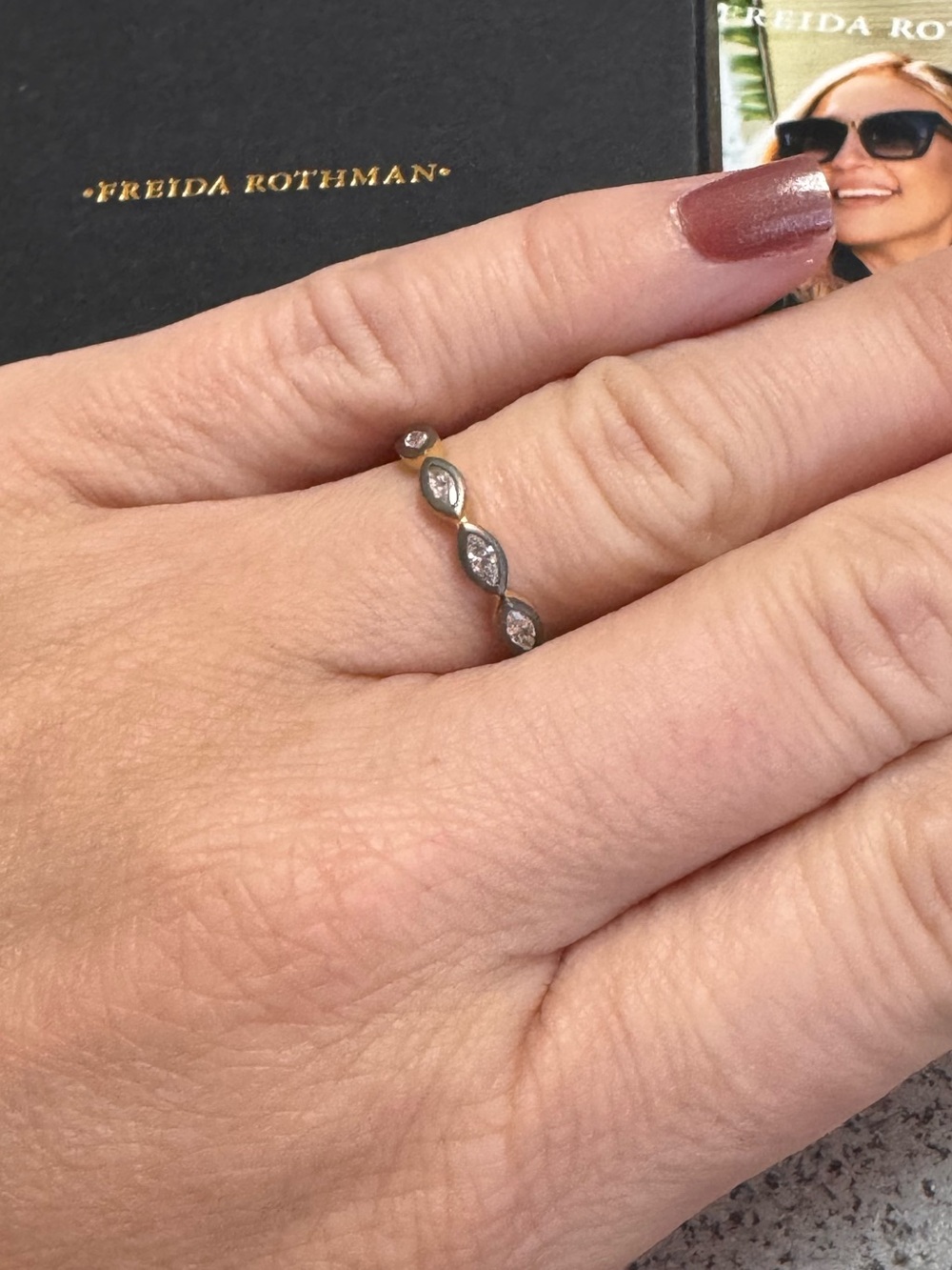 Freida Rothman Matte Gold and Rhodium Marquise Stacking Ring - Picture 3 of 4